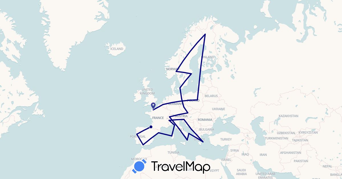 TravelMap itinerary: driving in Austria, Belgium, Switzerland, Czech Republic, Germany, Denmark, Spain, Finland, France, Greece, Croatia, Italy, Norway, Poland, Portugal, Sweden, Slovenia (Europe)
